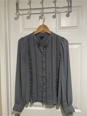 Ann Taylor Slate Gray Lace-Trim Pintuck Blouse